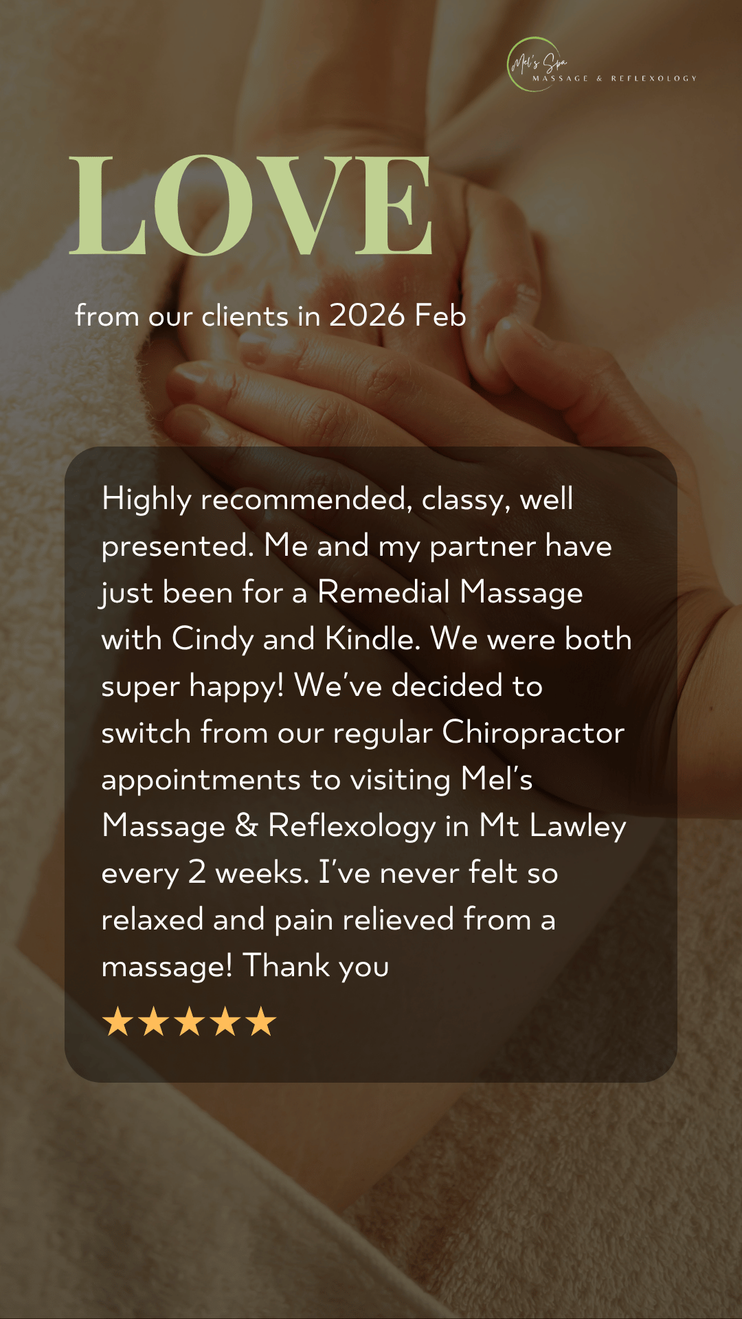 Mel's Massage client testimonial Instagram story design