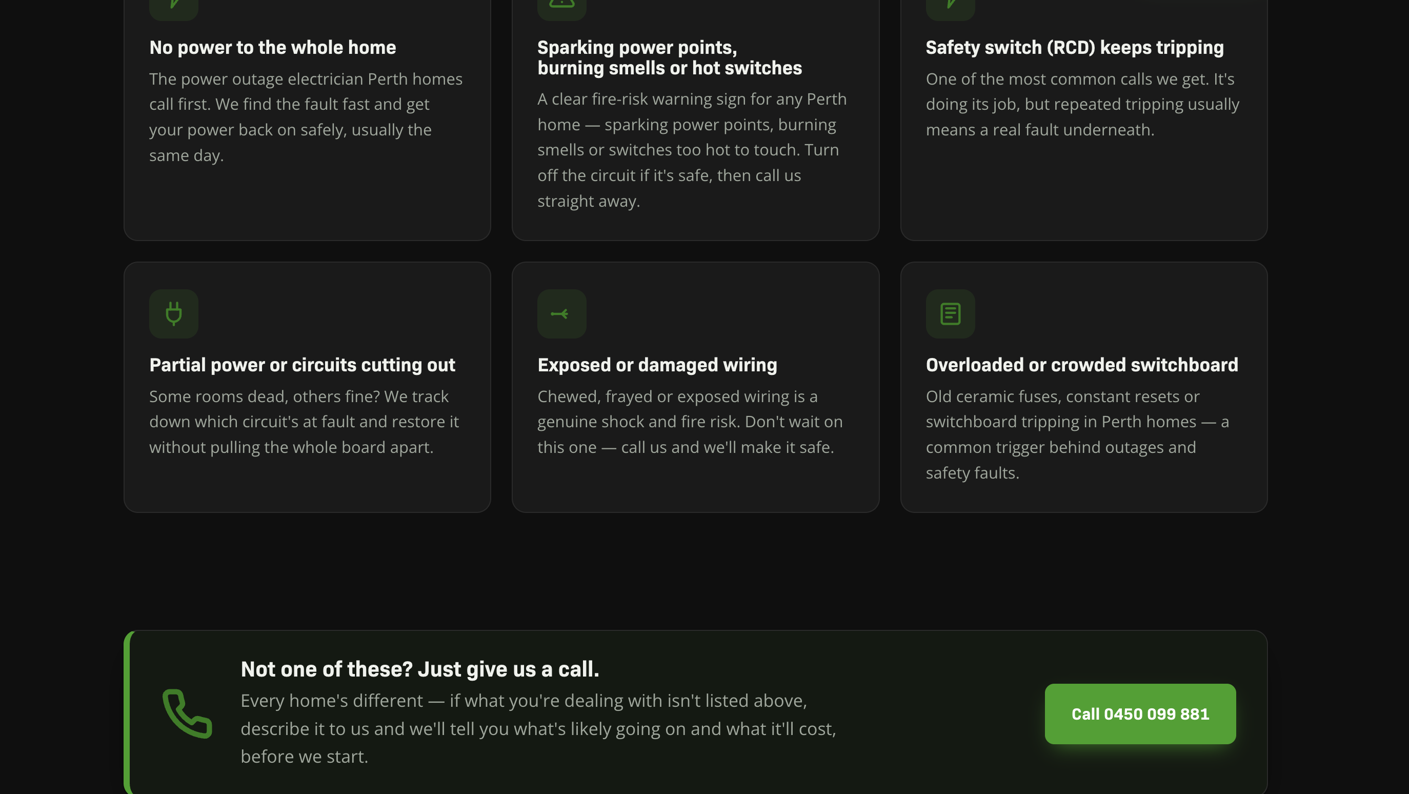 Perth Power Safety emergency service cards and call-to-action screenshot